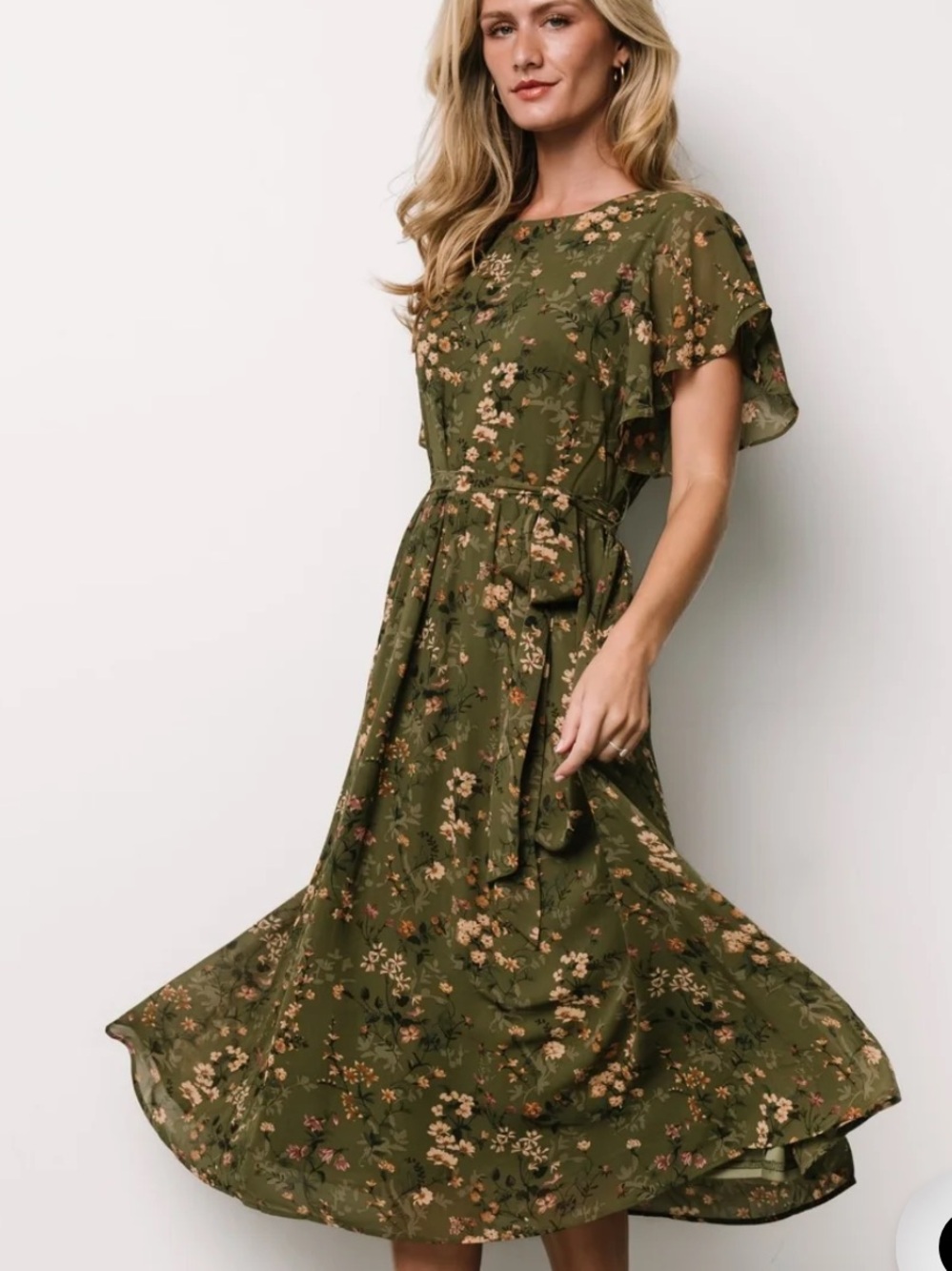 New!!! Baltic Born Olive Green Floral Midi Dress with Tie Waist - Picture 5 of 17
